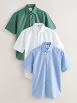 White/Light Blue/Seafoam Green Regular Fit Cotton/Linen Blend Short Sleeve Shirts 3 Pack