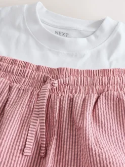 White/Red T-Shirt And Striped Seersucker 100% Cotton Pyjamas Set